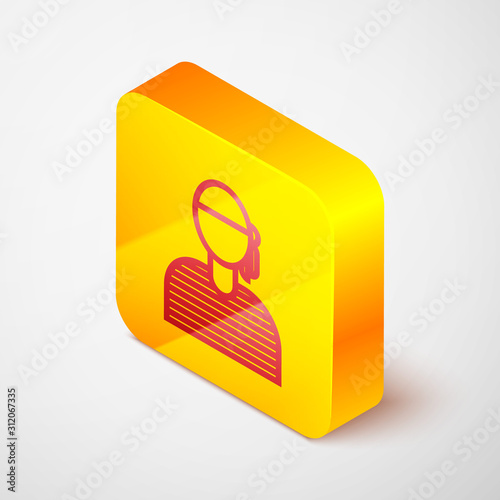 Isometric line Sailor captain icon isolated on grey background. Yellow square button. Vector Illustration