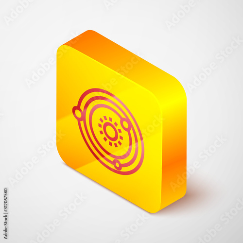 Isometric line Solar system icon isolated on grey background. The planets revolve around the star. Yellow square button. Vector Illustration