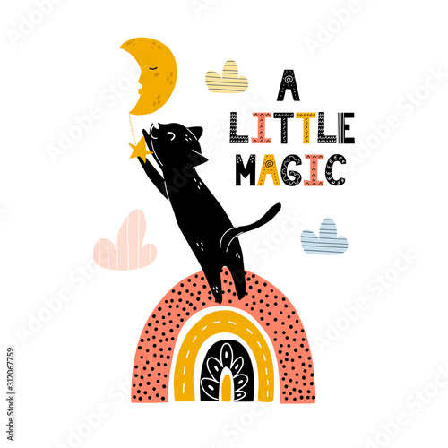 A little magic print with a cute black cat standing on rainbow and catching the star
