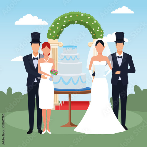 happy couples with weeding cake and floral arch around over landscape background