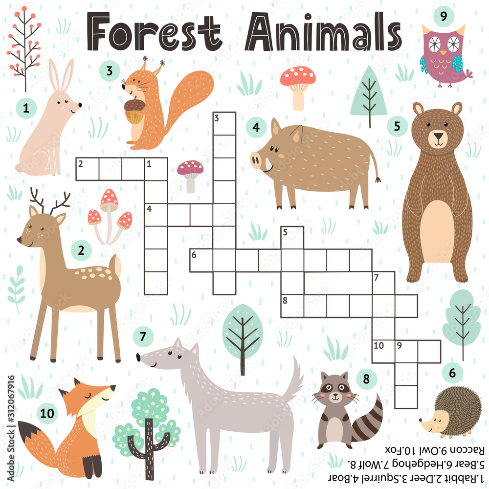 Crossword game for kids with cute forest animals