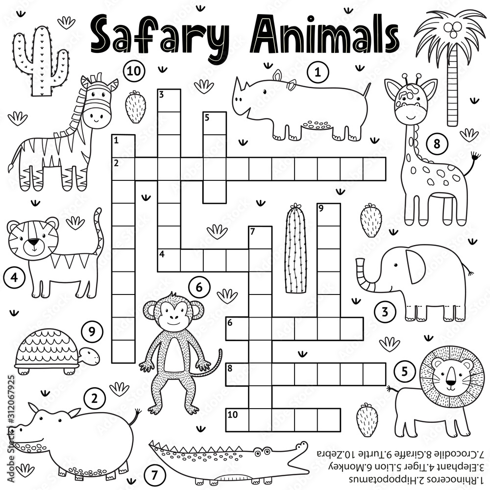 Black and white crossword game for kids with safari animals Stock