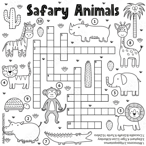Black and white crossword game for kids with safari animals photo