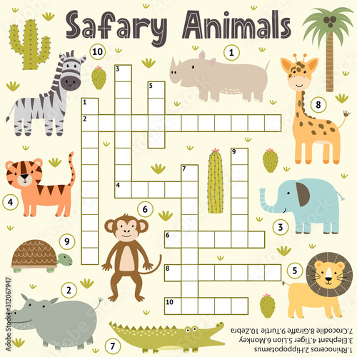Crossword for kids with cute  safari animals. Word search puzzle