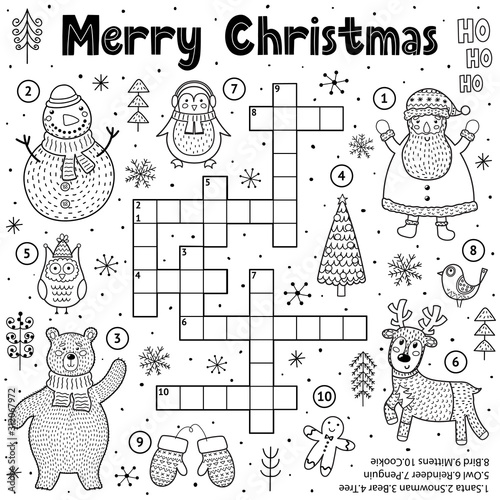 Merry Christmas crossword game for kids. Black and white educational activity page for coloring