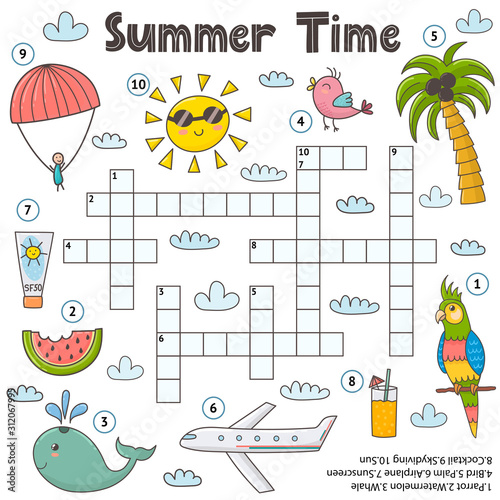 Summer time crossword game for kids. Funny educational activity page photo