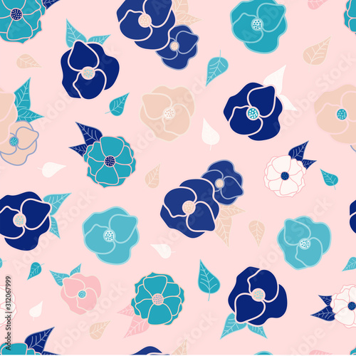 Blue and pink poppy flowers seamless repeat pattern for wrapping paper.