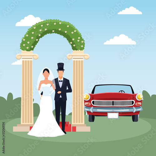 floral arch, just married couple and red classic car over landscape background, colorful design