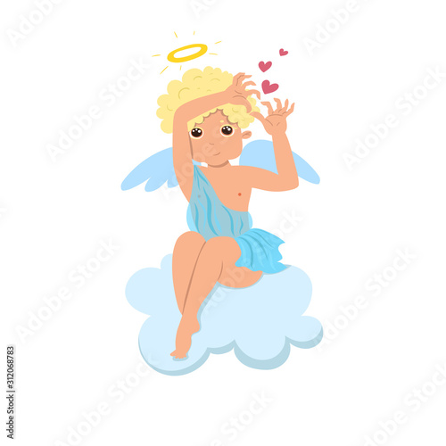 Cupid sitting on a cloud isolate on a white background. Vector graphics.