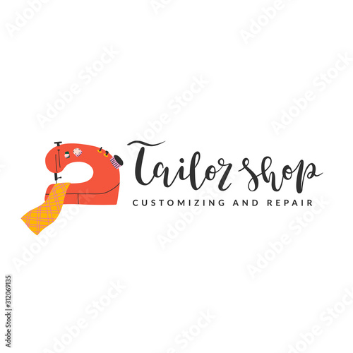 Hand drawn illustrated logotype with lettering and sewing machine clipart, isolated vector logo for workshop, atelier or tailor shop. Bounce calligraphy and modern simple drawing, good as brand symbol