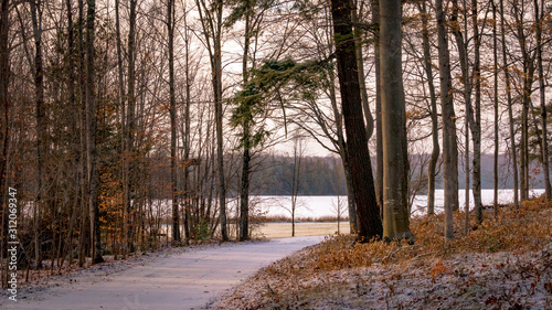 Snowy forest road leads to a frozen lake in winter