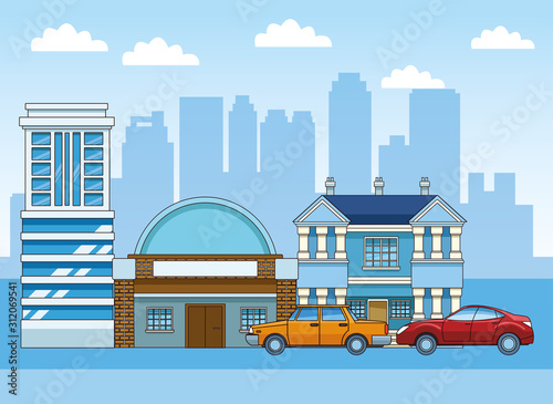 classic car and sport cat over city buildings background  colorful design