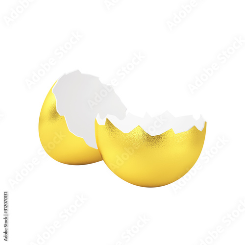 Broken golden easter egg isolated on white background, 3d illustration.