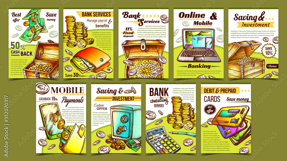 Banking Financial Collection Banners Set Vector. Debit And Credit Cards, Laptop And Pen, Phone And Calculator, Laptop And Mobile, Wallet And Safe On Financial Advertising Posters. Color Illustrations