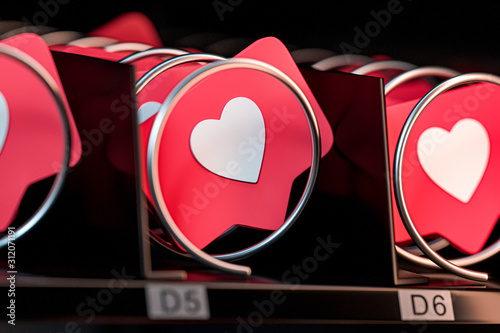 Close up of Likes Icon In Realistic Modern Vending Machine. Concept Of Dependence From Social Media. 3d rendering photo