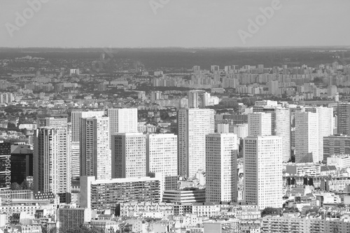 Paris modern residential district. Black and white vintage filtered photo.