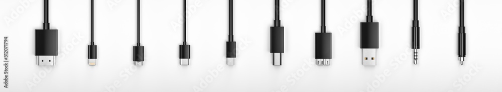 Obraz premium Black Realistic hdmi , 8-pin, micro usb, usb, Type C, type B mini jack 3.5, cable on White Background. 3d rendering
