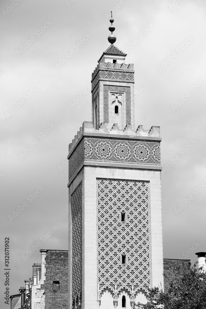 Paris Mosque. Black and white vintage toned image.