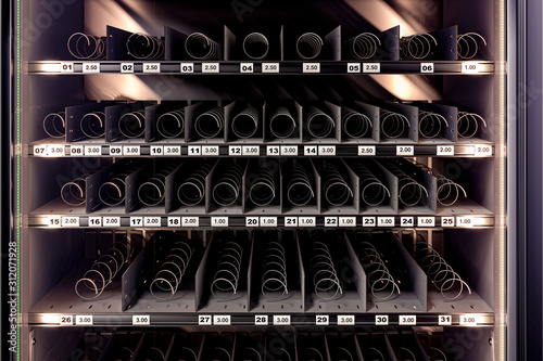 Close up Of Black Empty Vending Machine With Empty Shelves And Prices. 3d rendering