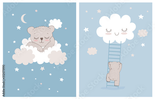 Cute Little Bear Sleeping on a White Fluffy Cloud. Simple Nursery Vector Illustrations with Baby Bear, Stars and Clouds. Little Bear Climbing the Ladder to the Smiling Cloud. Baby Boy Room Decoration.