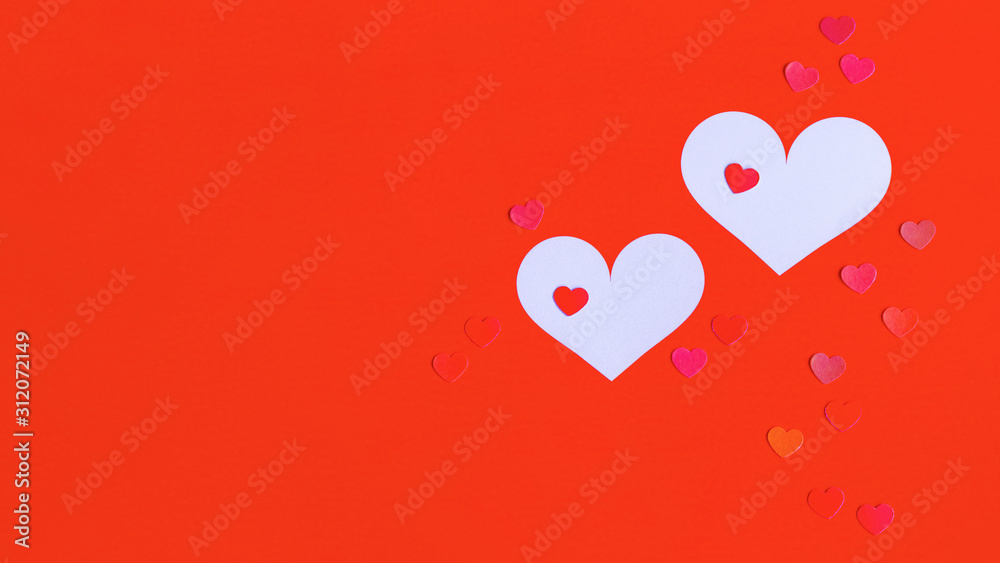 bright red background with two white hearts for Valentine's day. bright red background with two white hearts for Valentine's day.