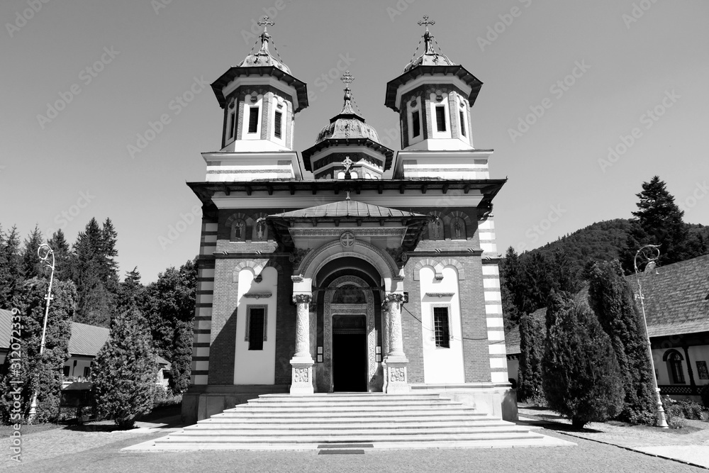 Romania monastery church. Black and white retro style.