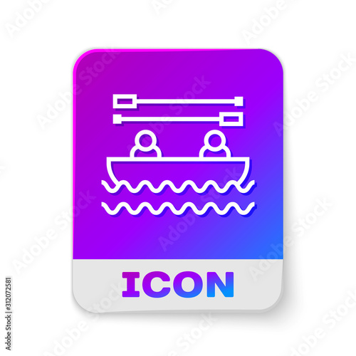 White line Boat with oars and people icon isolated on white background. Water sports, extreme sports, holiday, vacation, team building. Rectangle color button. Vector Illustration