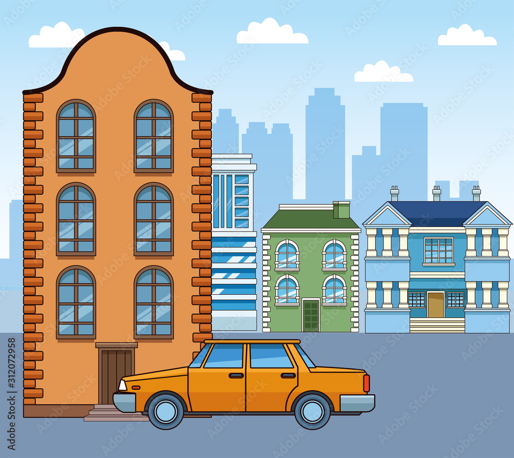 classic building and orange car over urban city background