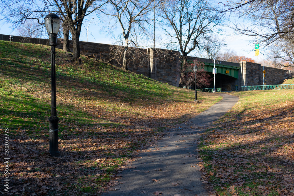 Riverside Park on the Upper West Side of New York City during Autumn with a Trail leading to a Tunnel