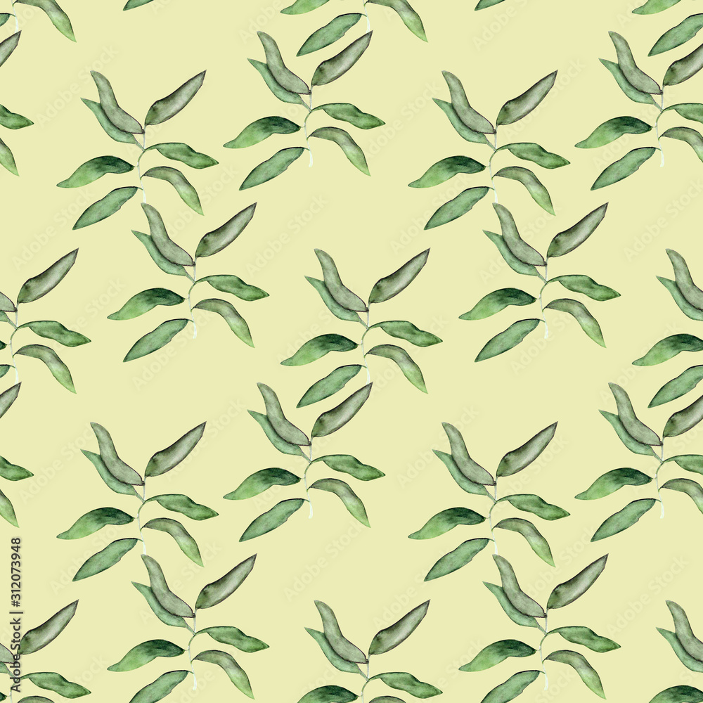 Watercolor illustration. Seamless pattern with hand drawn branch with leaves. Watercolor illustration. Seamless pattern with hand drawn branch with leaves.