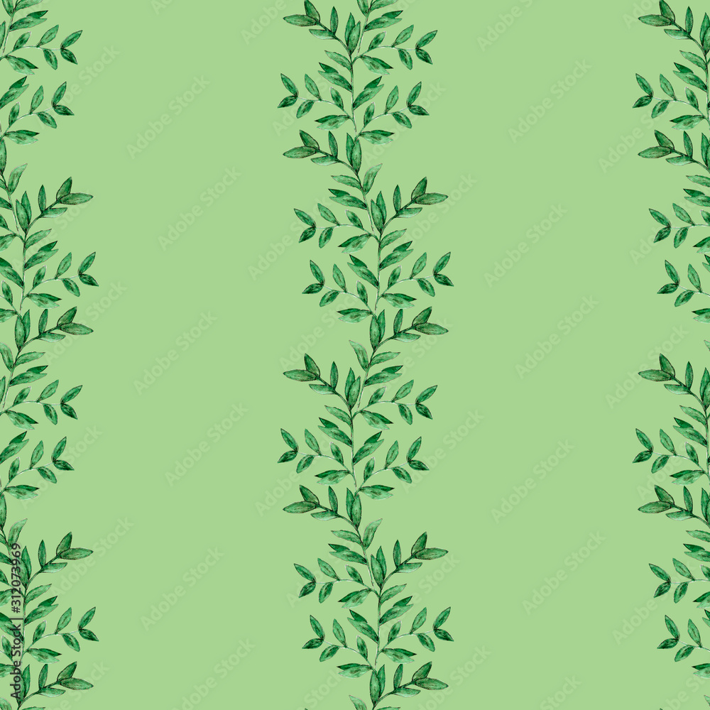 Watercolor illustration. Seamless pattern with hand drawn branch with leaves.