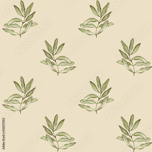 Watercolor illustration. Seamless pattern with hand drawn branch with leaves.