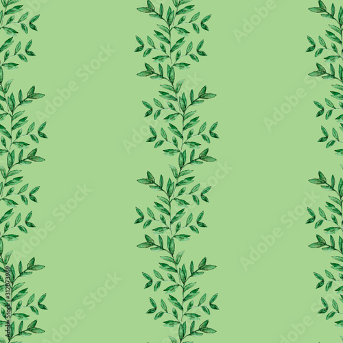 Watercolor illustration. Seamless pattern with hand drawn branch with leaves. © Nadejda