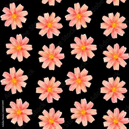 Watercolor illustration. Seamless pattern with hand drawn flowers on black background. © Nadejda