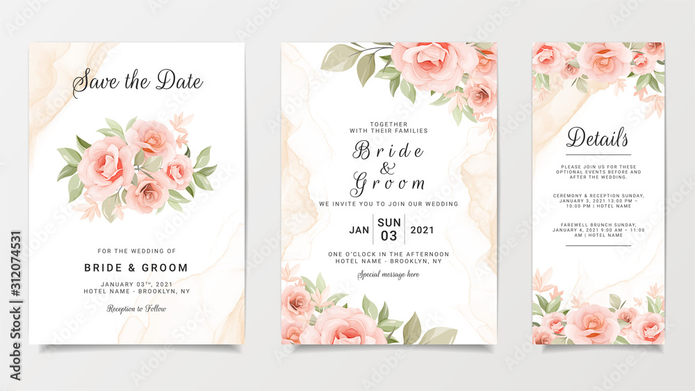 Wedding invitation card template set with flower bouquet. Peach roses with  fluid background. Floral illustration for save the date, greeting, poster,  cover vector Stock Vector | Adobe Stock