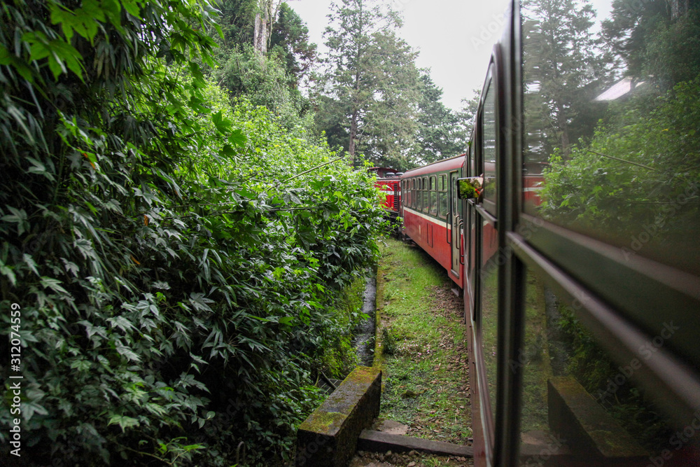 Alishan,taiwan-October 14,2018:Red train run in foggy day at alishan line on alishan mountain,taiwan.