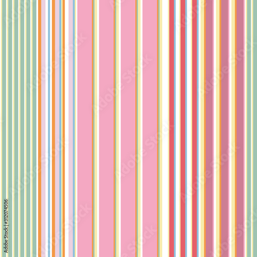 Vector seamless pattern pastel rainbow with yellow, pink, blue, green, purple, white vertical stripes