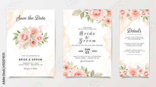 Wedding invitation card template set with flower bouquet. Peach roses with fluid background. Floral illustration for save the date  greeting  poster  cover vector