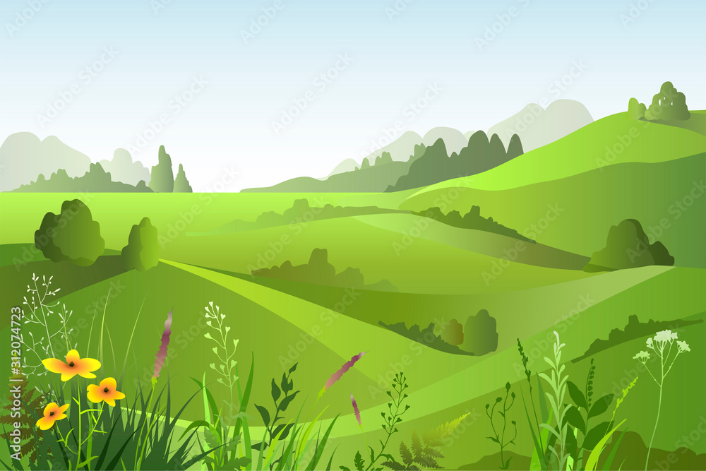 Summer abstract landscape with green fields, trees, meadow hearts Beautiful rural nature.  Vector Illustration.