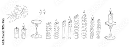 Set of different shapes of wax candles, candlestick and bow.