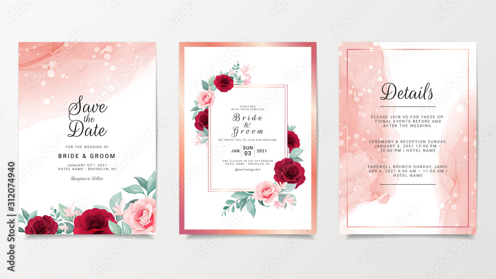 Vecteur Stock Wedding invitation card template set with flowers decoration  and elegant fluid background. Burgundy and peach roses botanic illustration  for save the date, greeting, poster, cover vector | Adobe Stock