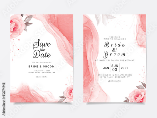 Modern wedding invitation card template set with flowers and peach liquid background. Botanic decoration for background, save the date, invitation, greeting card, poster vector