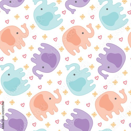 seamless repeat pattern with cute elephants  hearts and flowers