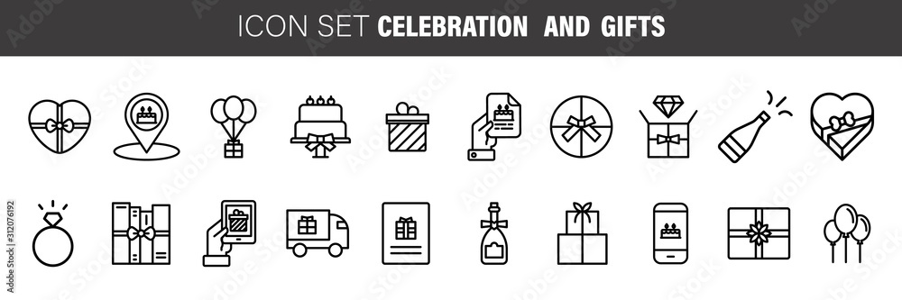 Gift box, present, discount offer celebration line icon set isolated on transparent background.