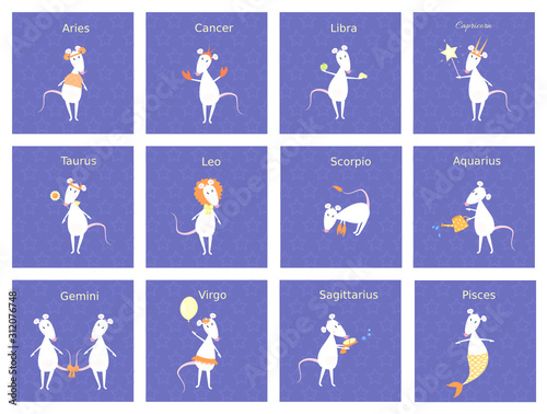 2020, animal, aquarius, archer, aries, astrology, bull, cancer, capricorn, cartoon, character, chinese, collection, crab, cute, fish, flat, funny, gemini, goat, happy, heart, horoscope, humor, icon, k