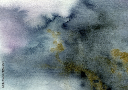 Watercolor hand painted abstract blue, grey and gold background with paper texture. Modern art  for wallpaper, wall art, card, invitation, template