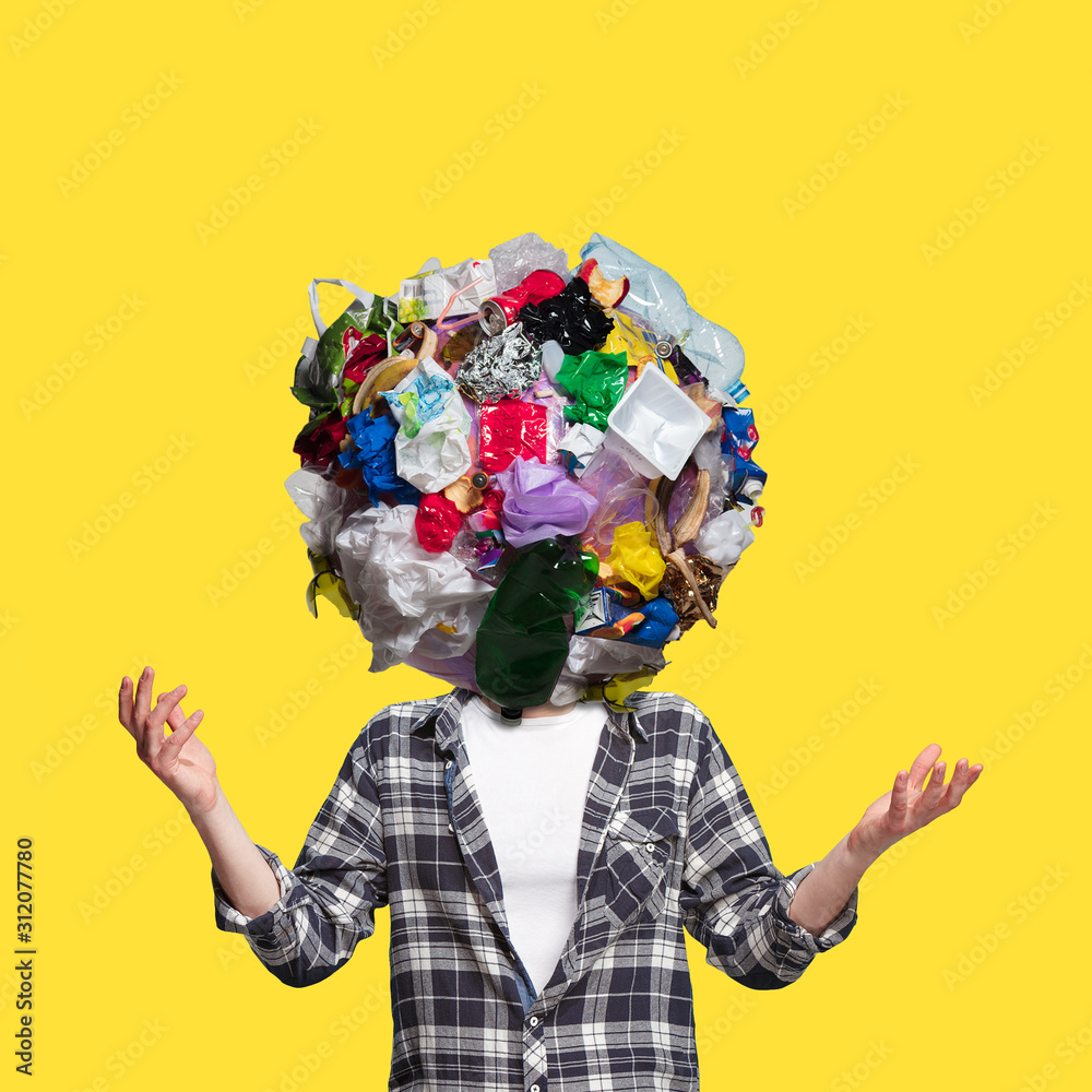 Concept of ecology disaster, environmental pollution, garbage. Stop plastic. Negative space to insert your text or ad. Modern design. Contemporary colorful and bright art collage. Unusual look. - obrazy, fototapety, plakaty 
