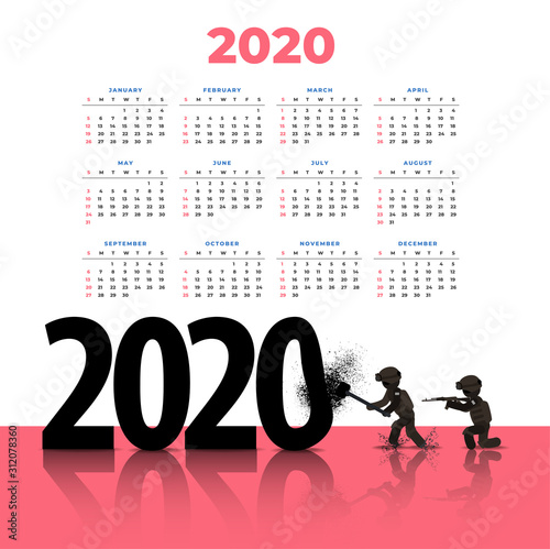Calendar for 2020. Web icons of people. A group of armed police beat with a sledgehammer on the figures 2020