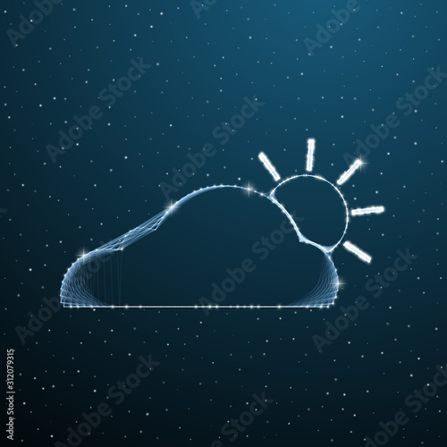 Cloud with sun polygonal concept. Wireframe cloud storage with lines and dotson blue digital background. Vector illustration low poly design photo