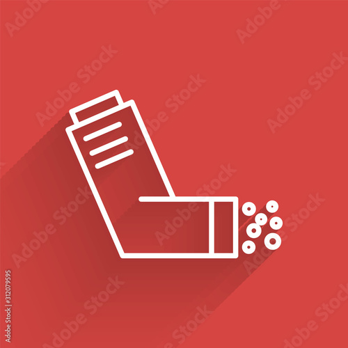 White line Inhaler icon isolated with long shadow. Breather for cough relief, inhalation, allergic patient. Medical allergy asthma inhaler spray.  Vector Illustration